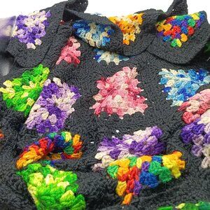 Colorful Granny Squares Afghan Throw, Hand Knitted or Crocheted Vintage Multicol